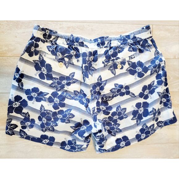 Tommy Bahama M Floral Linen Shorts Womens Tropical Blue White Pckts Button & Zip - Picture 2 of 6